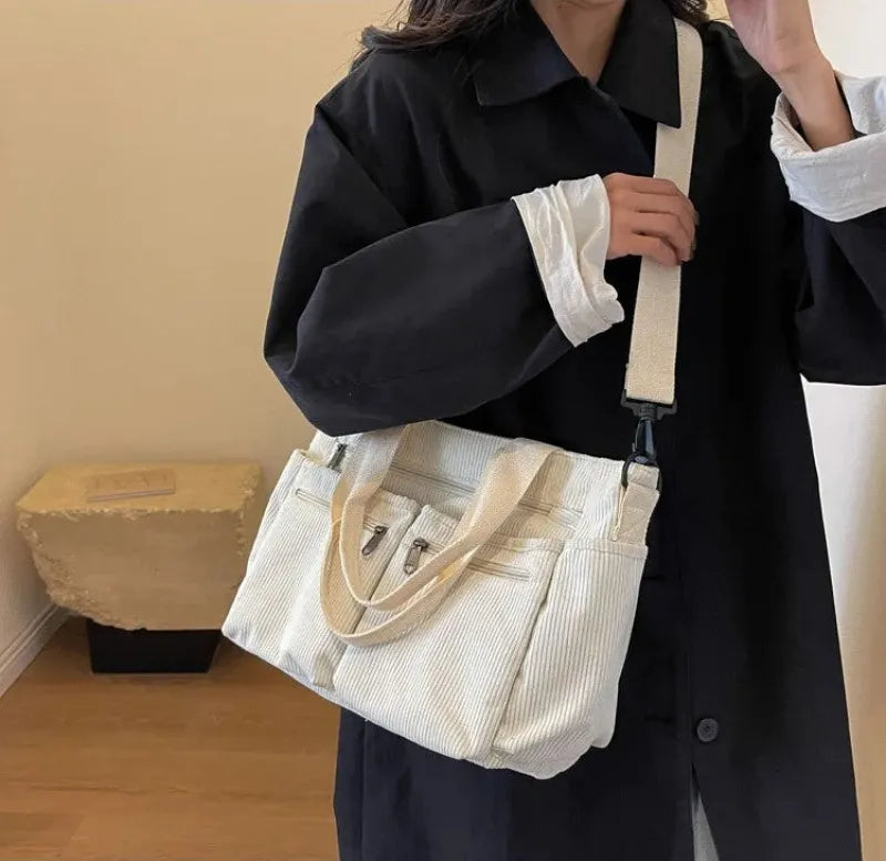 Grand sac à main cabas bandoulière de cours en velours côtelé multipoches Élina