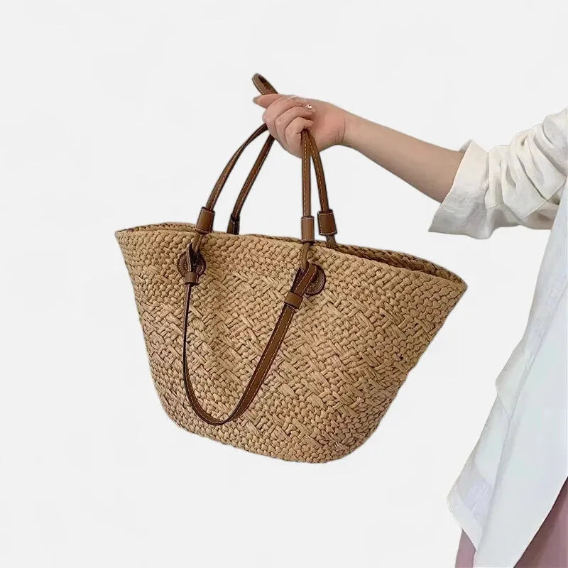 Grand sac à main cabas panier en paille double porté Marguerite