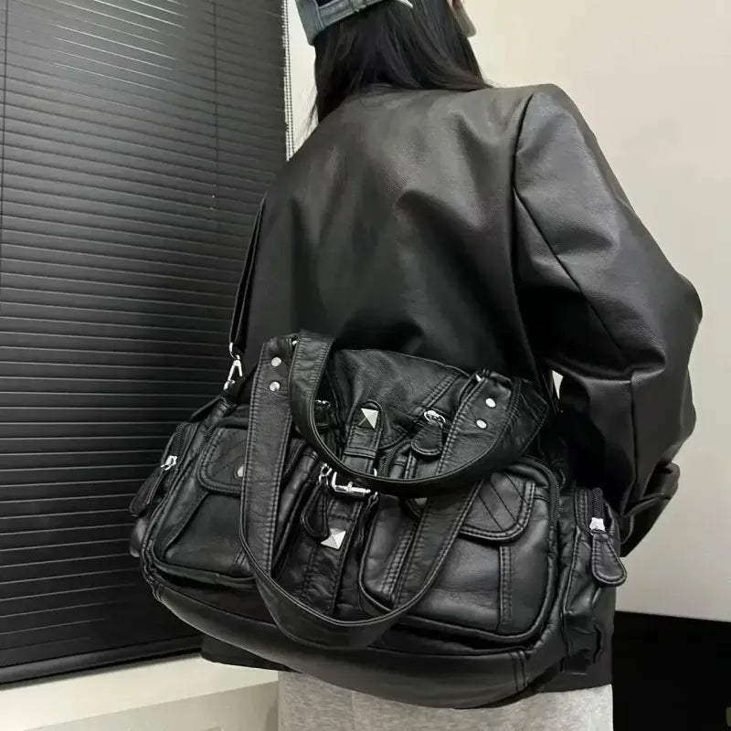 Grand sac à main de cours rétro multipoches à bandoulière Inès