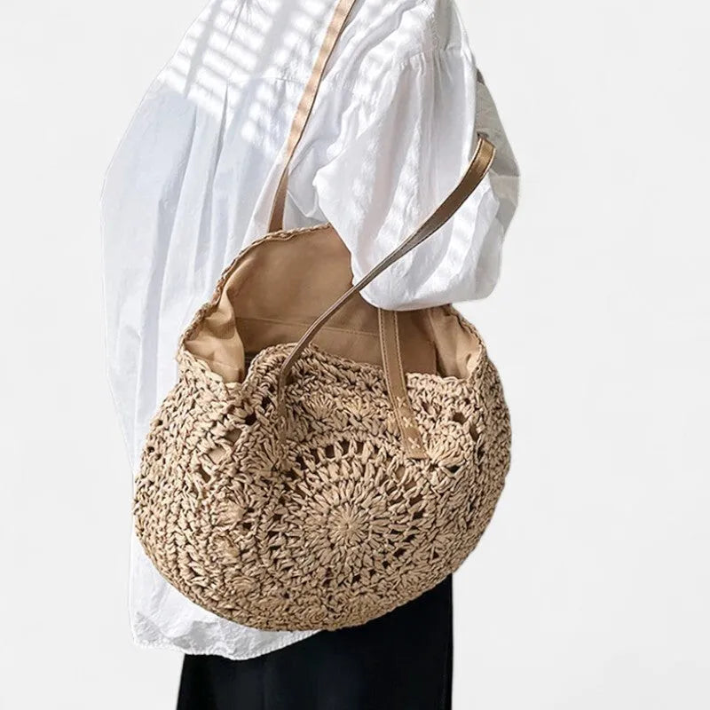 Grand sac à main rond en paille Thaïs