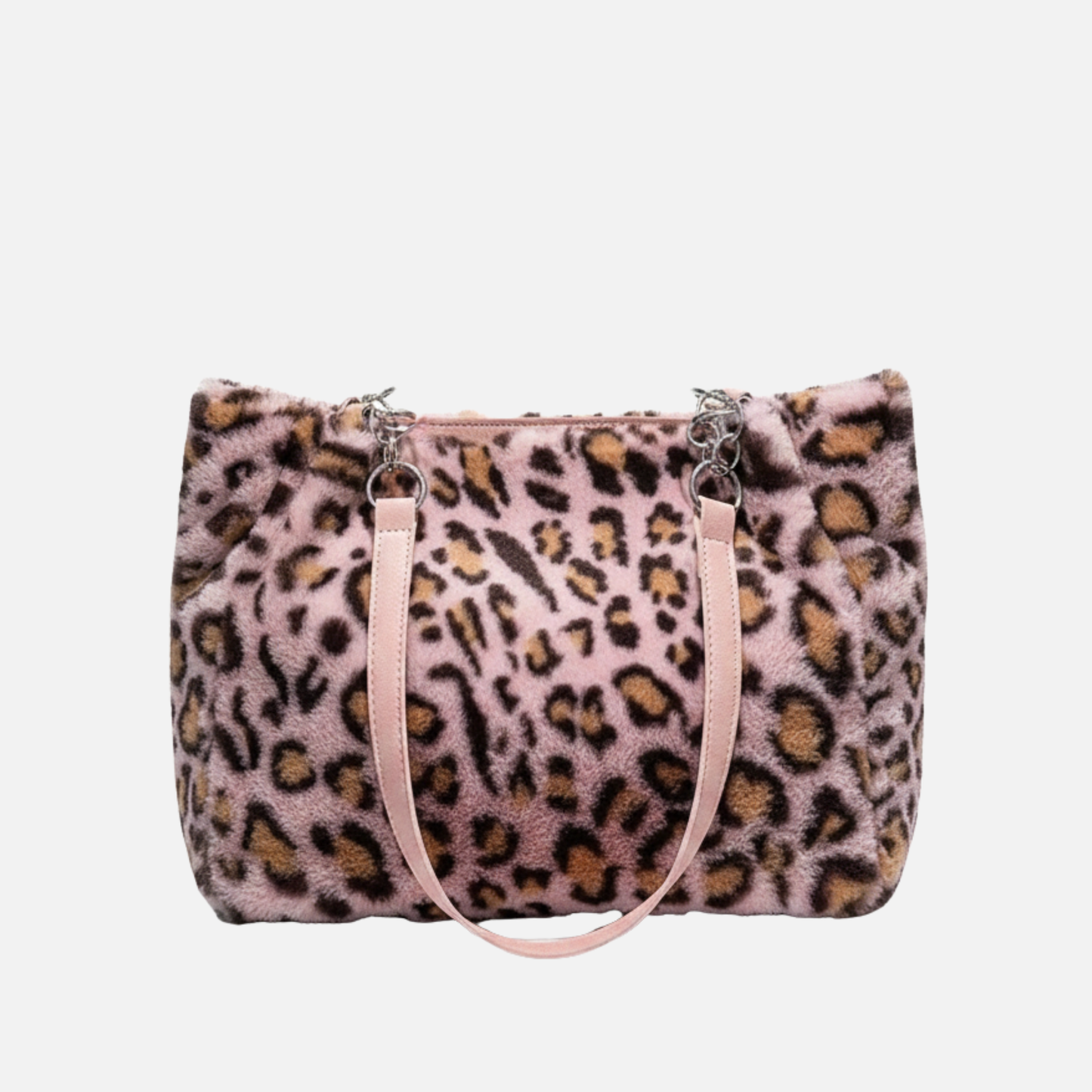Grand sac à main cabas léopard en peluche avec poignées chaîne et bandoulière Lily