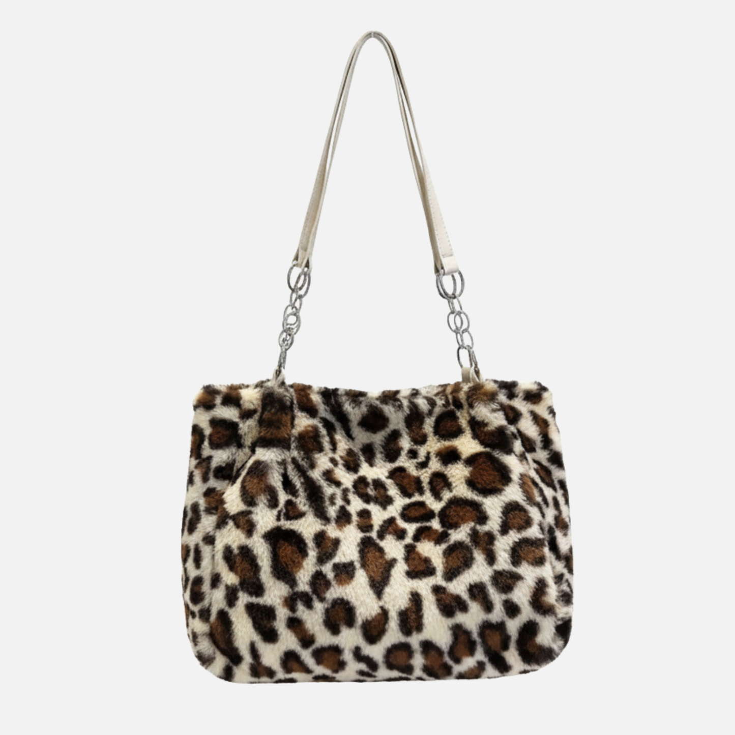 Grand sac à main cabas léopard en peluche avec poignées chaîne et bandoulière Lily