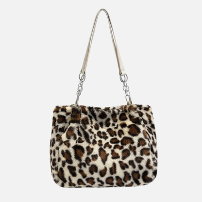 Grand sac à main cabas léopard en peluche avec poignées chaîne et bandoulière Lily