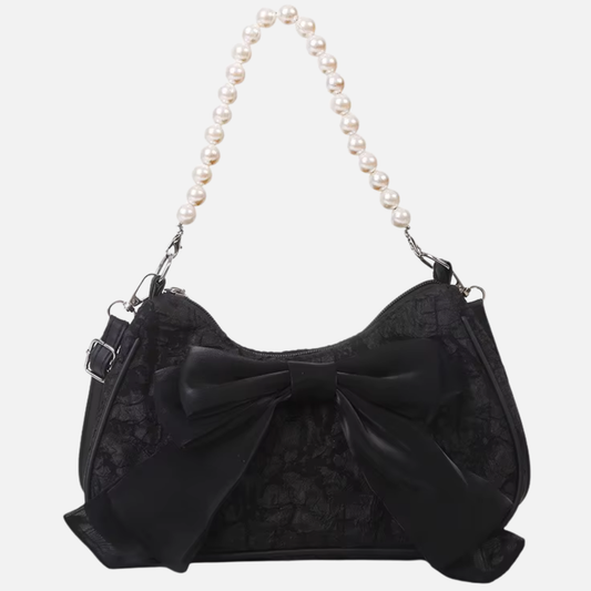 Petit sac à main bandoulière hobo en coton synthétique avec anse en perle et noeud décoratif Isadora