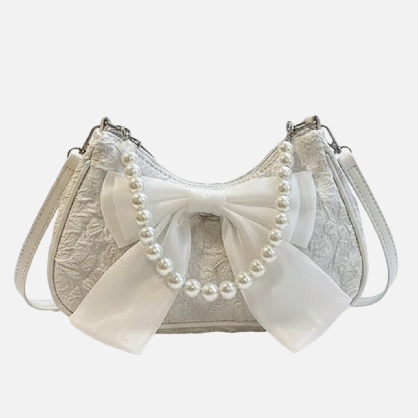 Petit sac à main bandoulière hobo en coton synthétique avec anse en perle et noeud décoratif Isadora