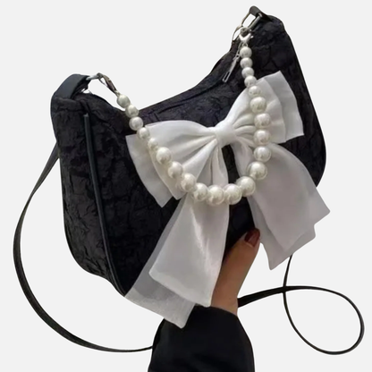 Petit sac à main bandoulière hobo en coton synthétique avec anse en perle et noeud décoratif Isadora