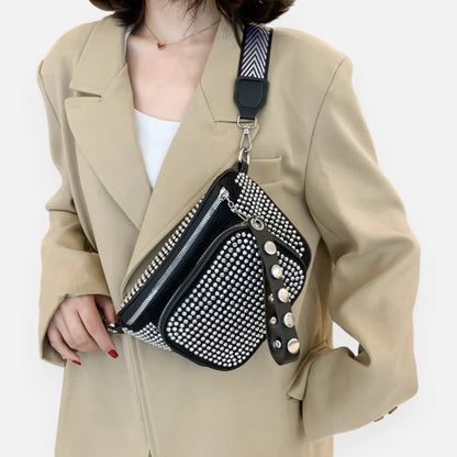 Sac banane noir à bandoulière avec strass Bianca