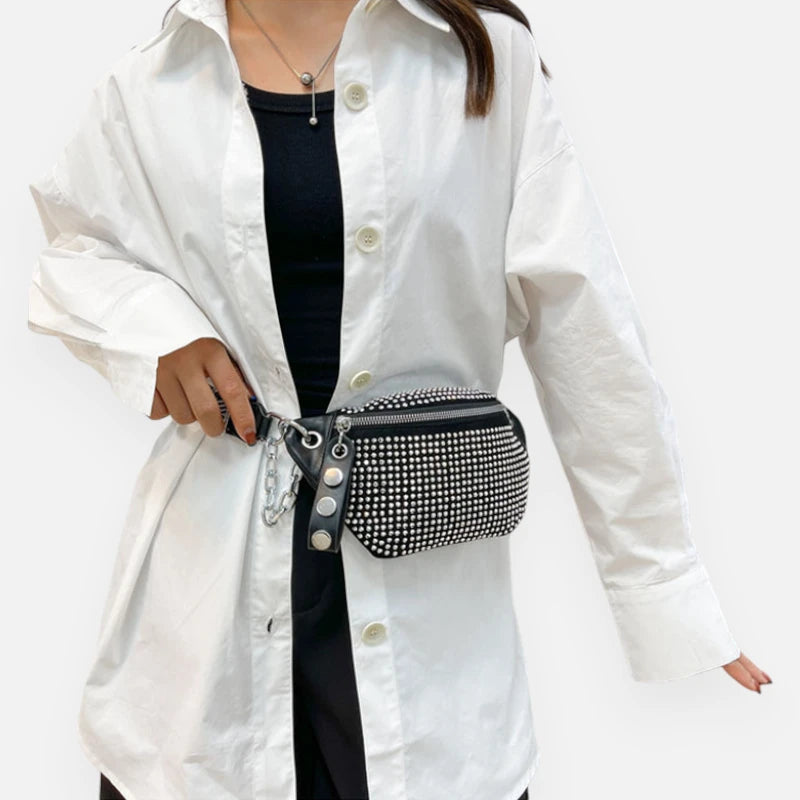 Sac banane noir à bandoulière avec strass Yvonne