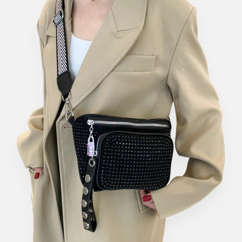 Sac banane noir à bandoulière avec strass Bianca