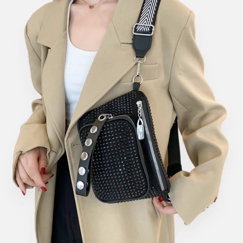 Sac banane noir à bandoulière avec strass Bianca