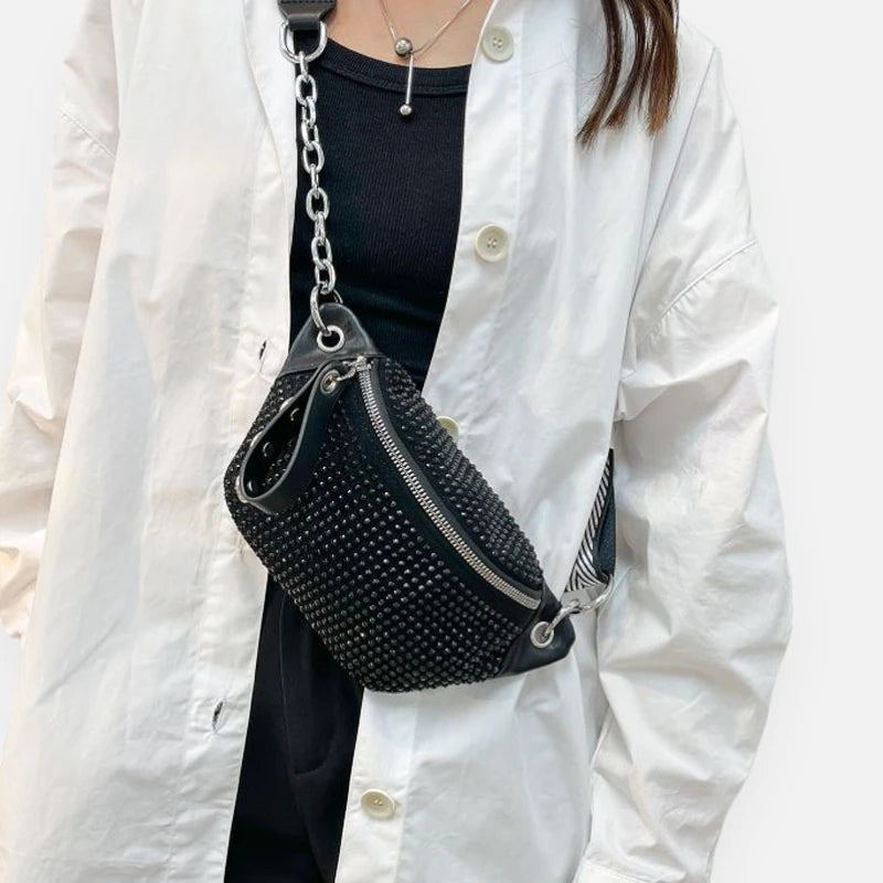 Sac banane noir à bandoulière avec strass Yvonne