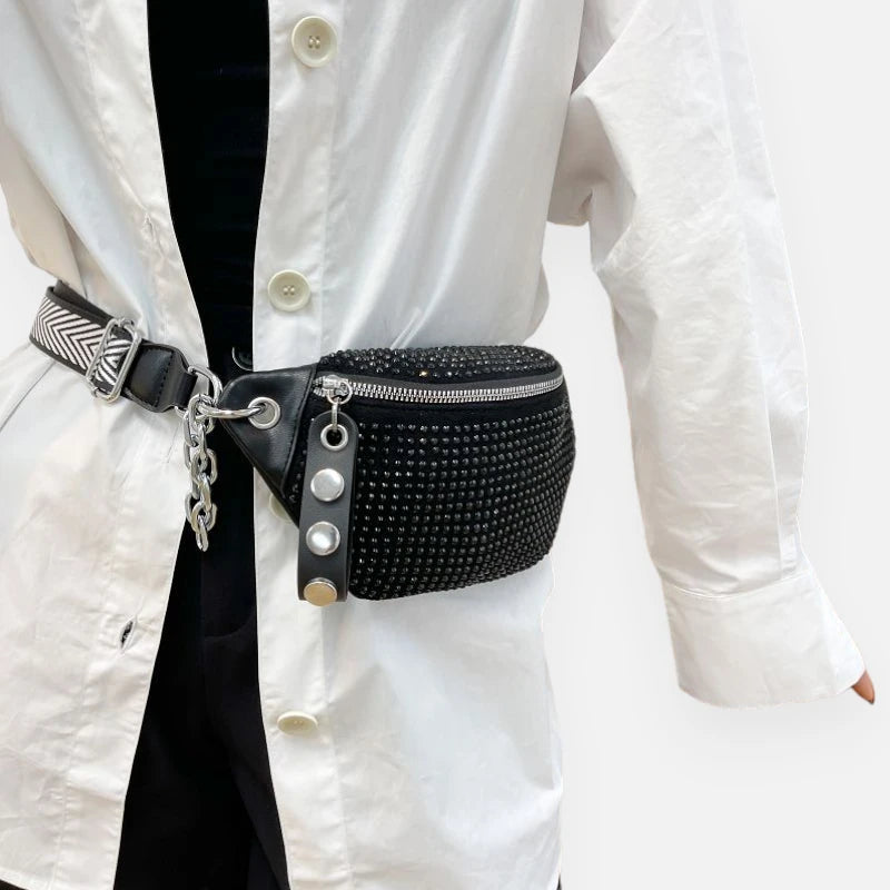 Sac banane noir à bandoulière avec strass Yvonne