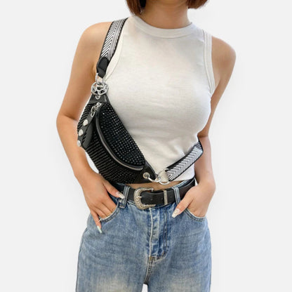 Sac banane noir à bandoulière avec strass Yvonne