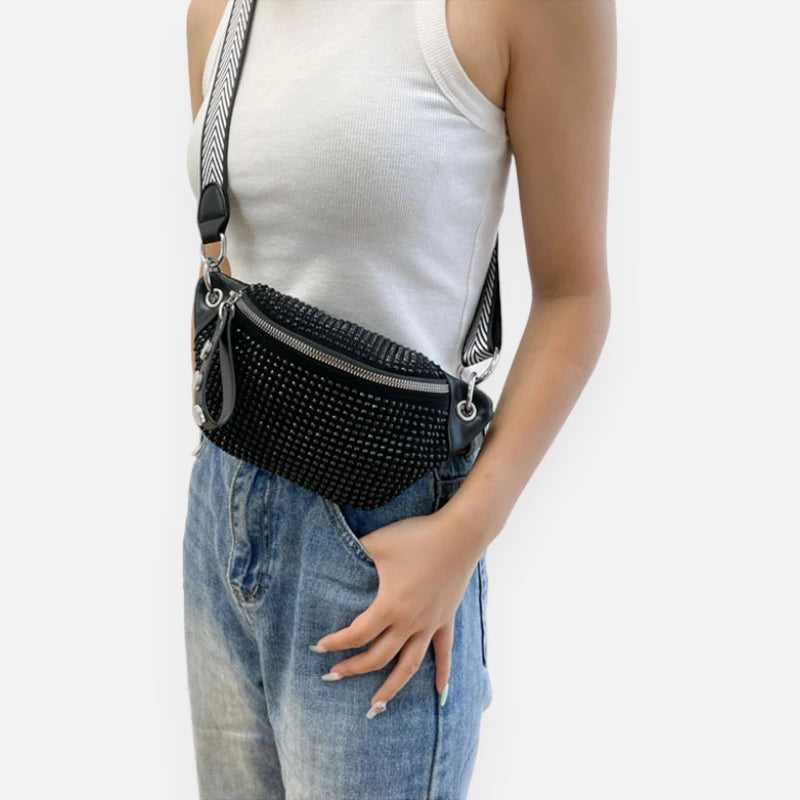 Sac banane noir à bandoulière avec strass Yvonne