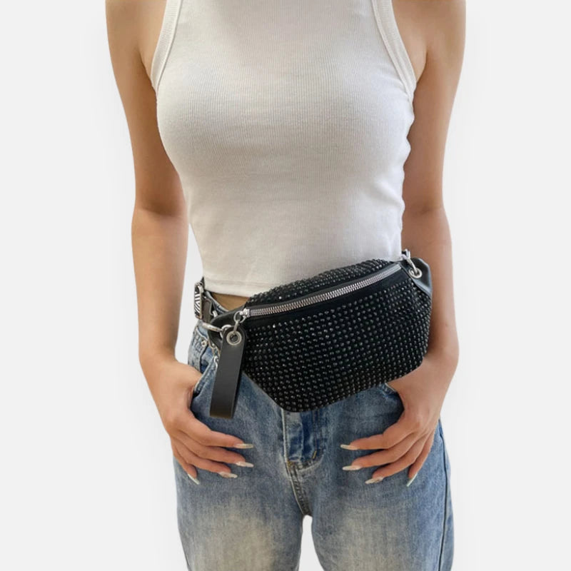 Sac banane noir à bandoulière avec strass Yvonne