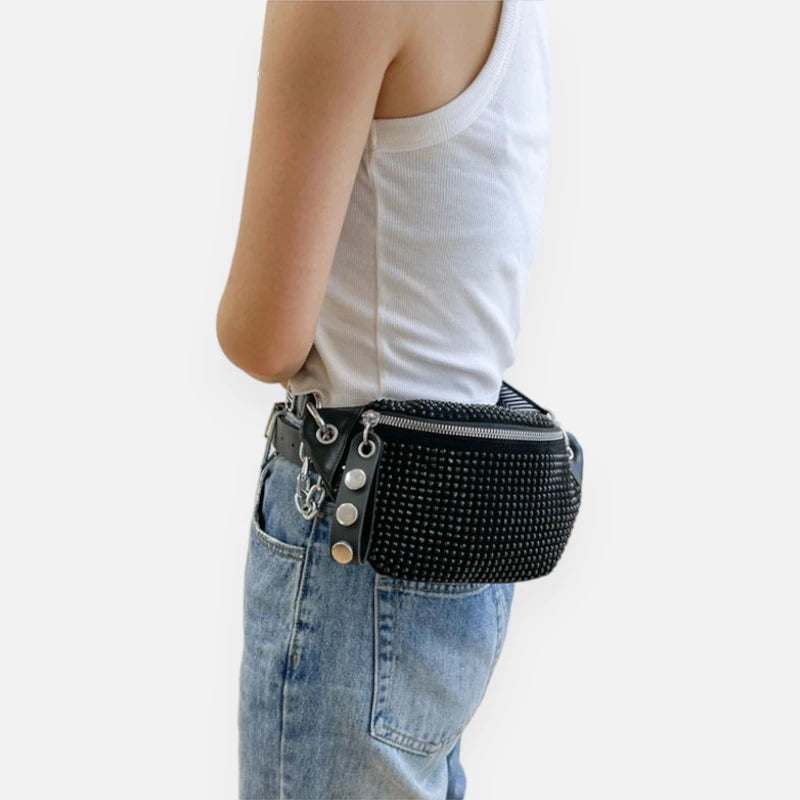 Sac banane noir à bandoulière avec strass Yvonne