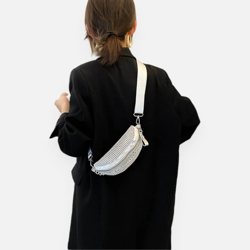 Sac banane à bandoulière avec strass et chaîne argentée Clothilde