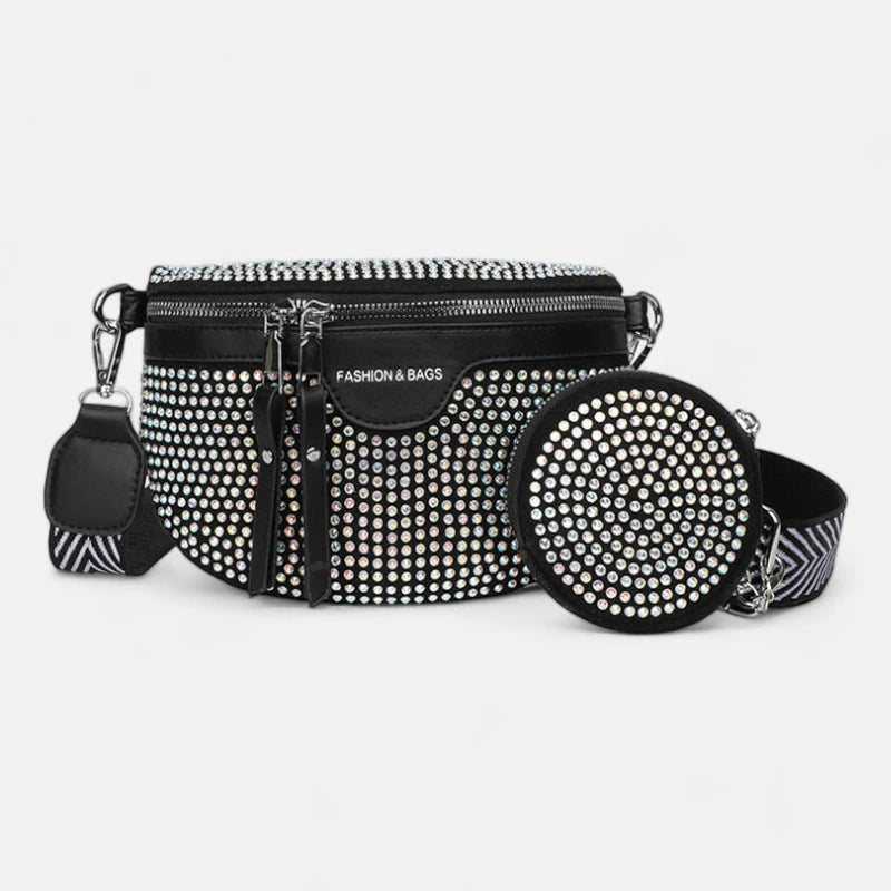 Sac banane noir à bandoulière et porte-monnaie avec strass Léontine