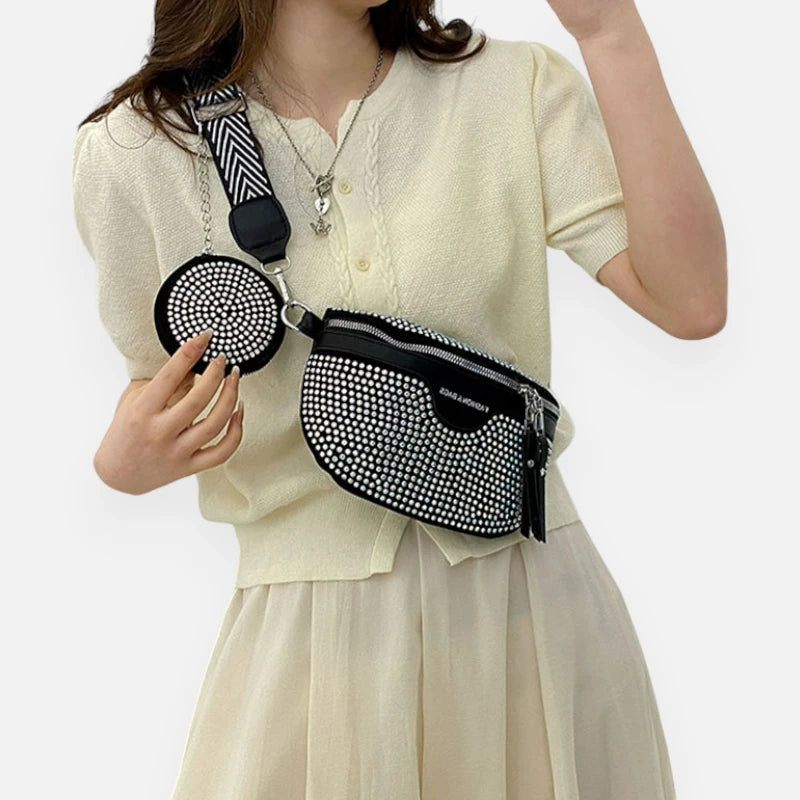 Sac banane noir à bandoulière et porte-monnaie avec strass Léontine