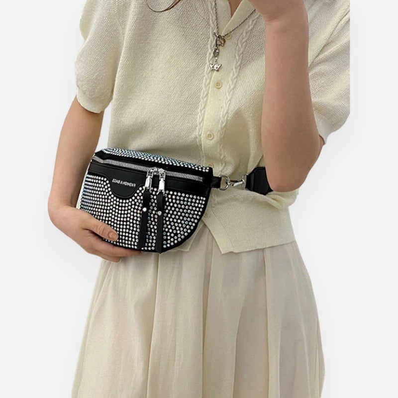 Sac banane noir à bandoulière et porte-monnaie avec strass Léontine