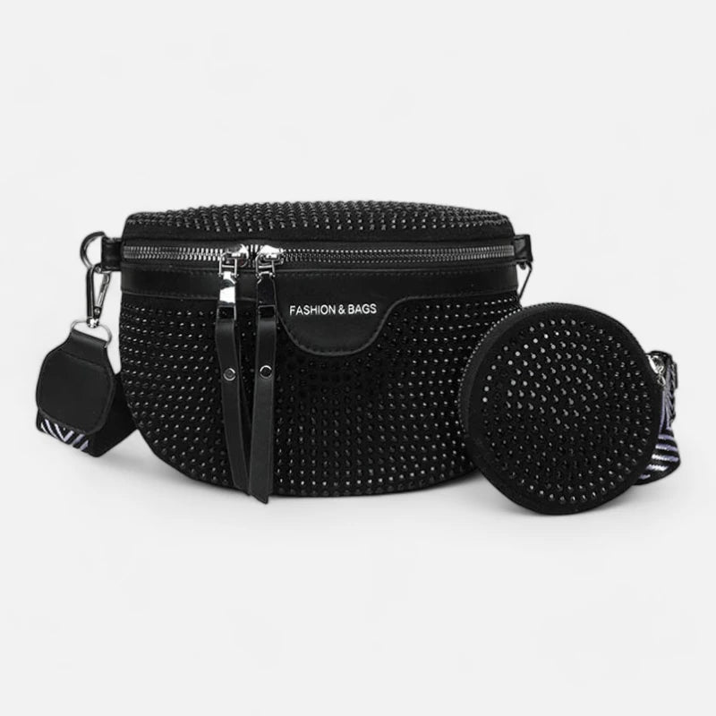 Sac banane noir à bandoulière et porte-monnaie avec strass Léontine