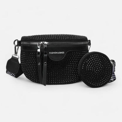 Sac banane noir à bandoulière et porte-monnaie avec strass Léontine