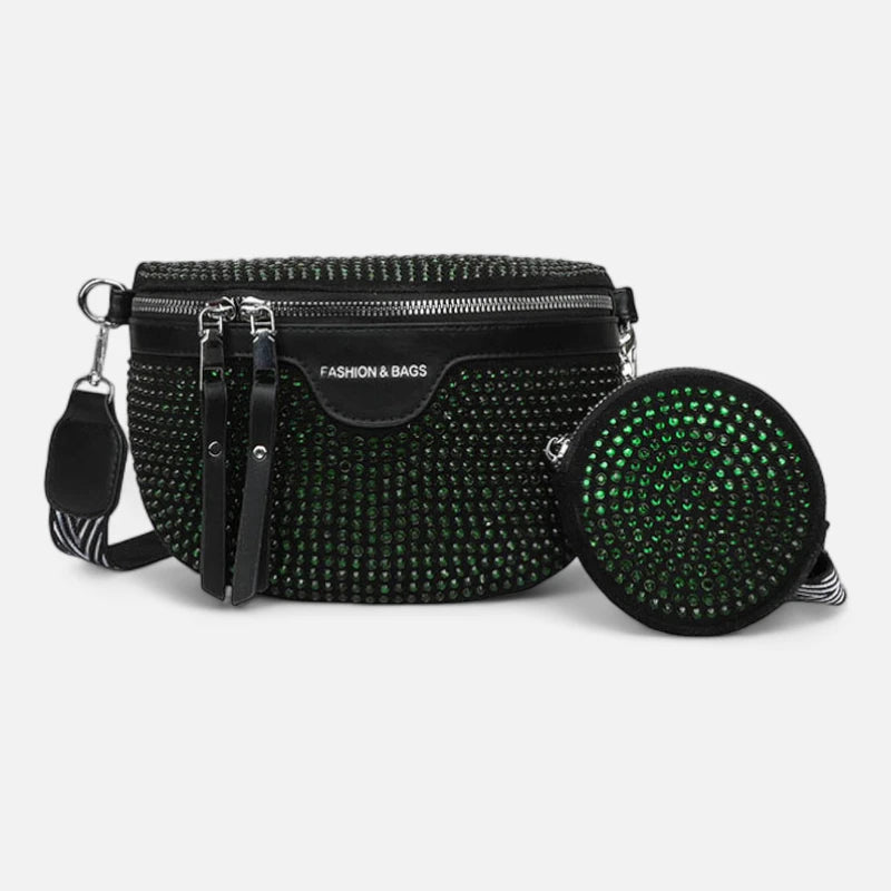 Sac banane noir à bandoulière et porte-monnaie avec strass Léontine