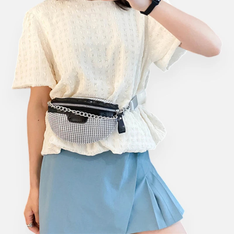 Sac banane à bandoulière avec strass et chaîne argentée Clothilde