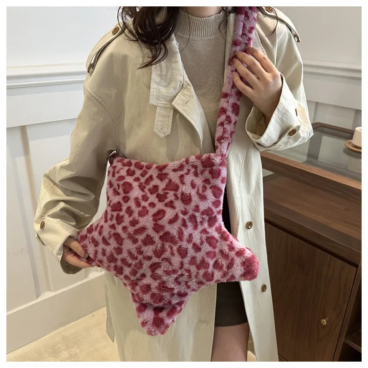 Grand sac à main cabas en peluche imprimé léopard et étoile Stella