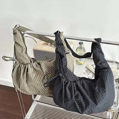 Grand sac à main hobo plissé à carreaux rétro et grand volume Jade