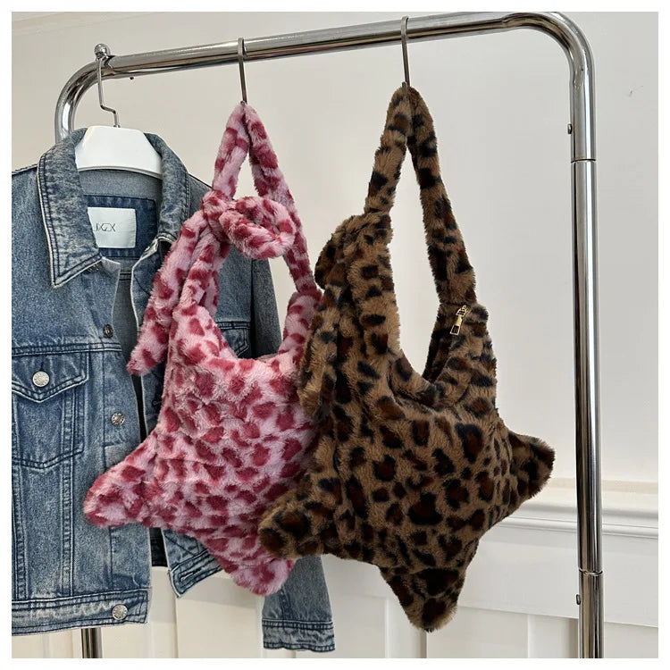 Grand sac à main cabas en peluche imprimé léopard et étoile Stella