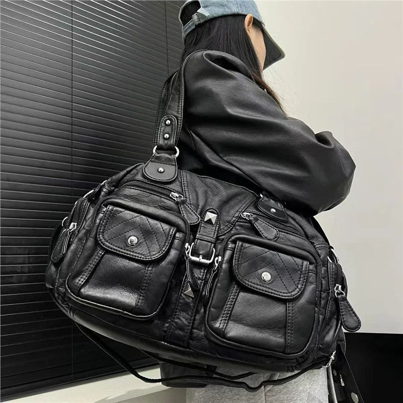 Grand sac à main de cours rétro multipoches à bandoulière Inès