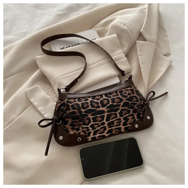 Petit sac à main bandoulière épaule rétro à double nœud et motif léopard Léa