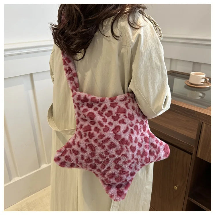 Grand sac à main cabas en peluche imprimé léopard et étoile Stella