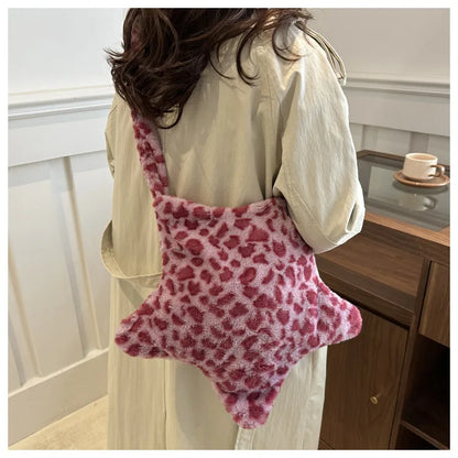 Grand sac à main cabas en peluche imprimé léopard et étoile Stella