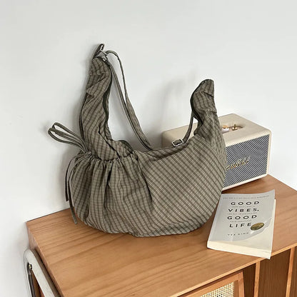 Grand sac à main hobo plissé à carreaux rétro et grand volume Jade