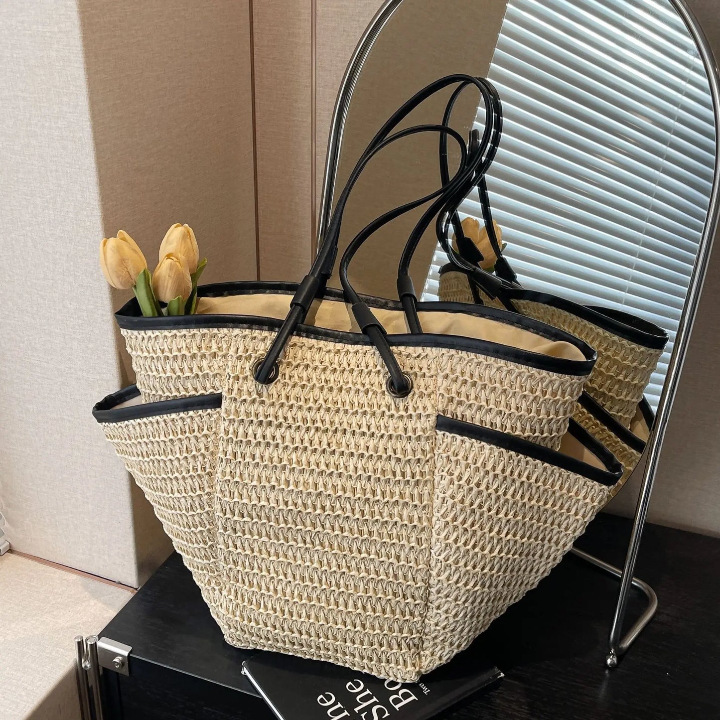 Grand sac à main cabas en paille Léa