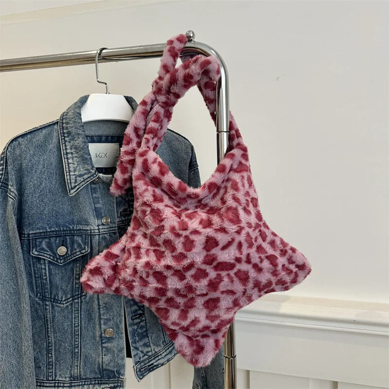Grand sac à main cabas en peluche imprimé léopard et étoile Stella