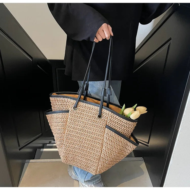 Grand sac à main cabas en paille Léa