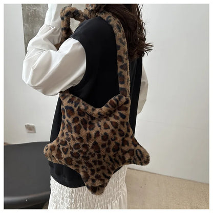 Grand sac à main cabas en peluche imprimé léopard et étoile Stella