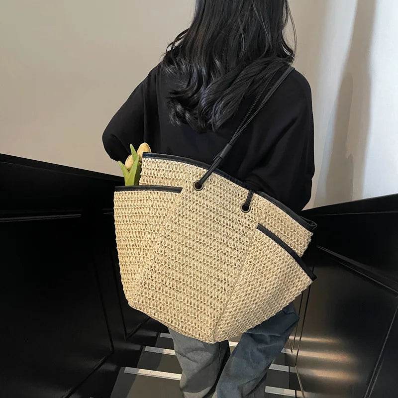 Grand sac à main cabas en paille Léa