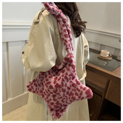 Grand sac à main cabas en peluche imprimé léopard et étoile Stella