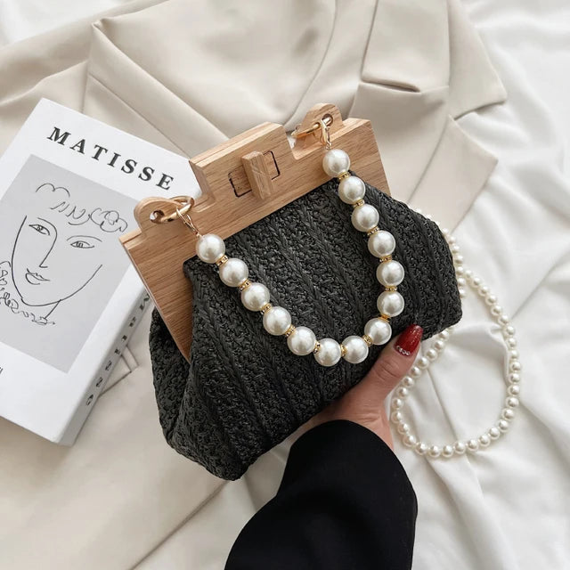 Petit sac à main en paille avec bandoulière et anses en perle Maïa