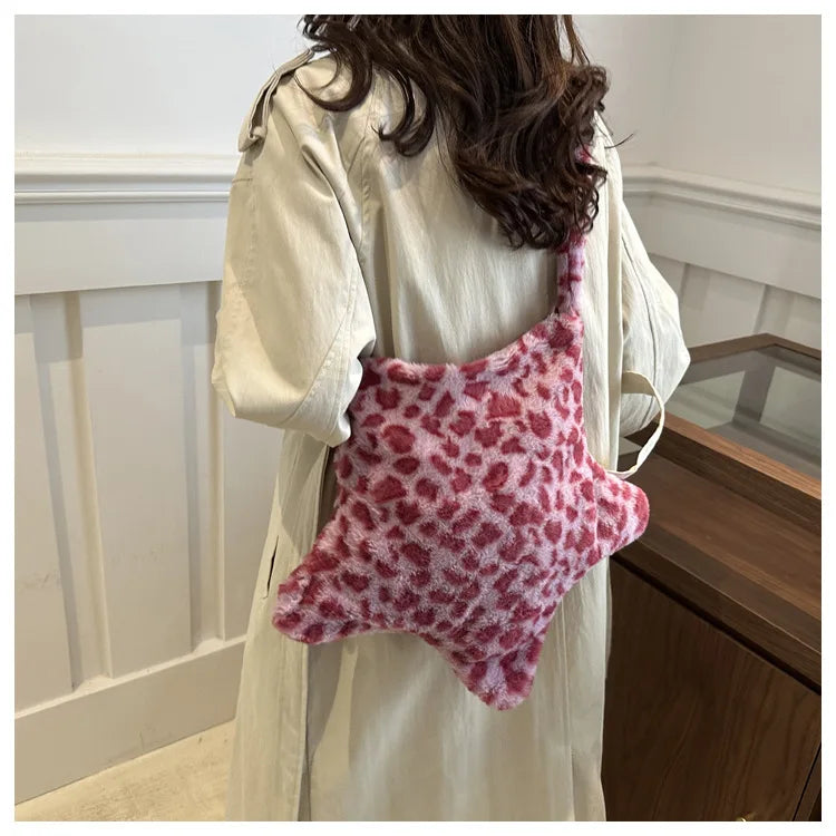Grand sac à main cabas en peluche imprimé léopard et étoile Stella