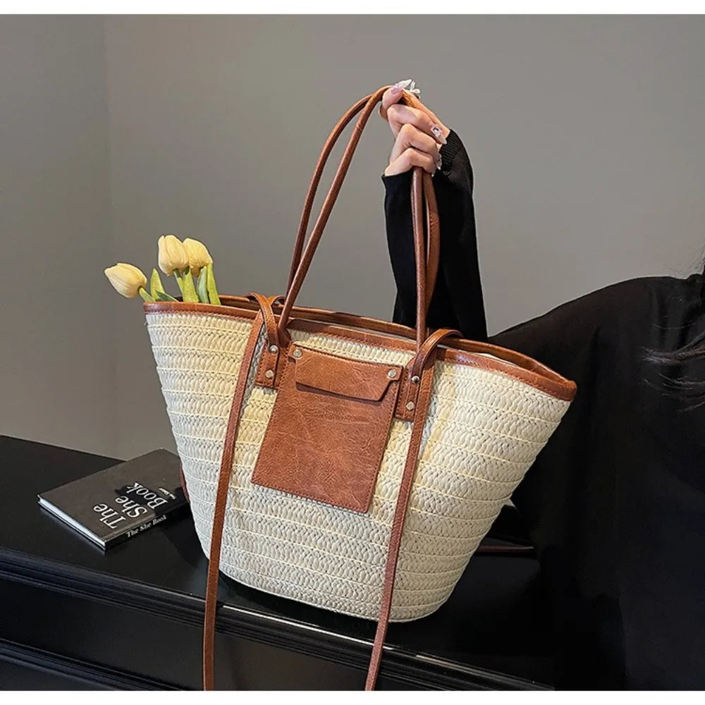 Grand sac à main cabas panier en paille double porté Anaëlle