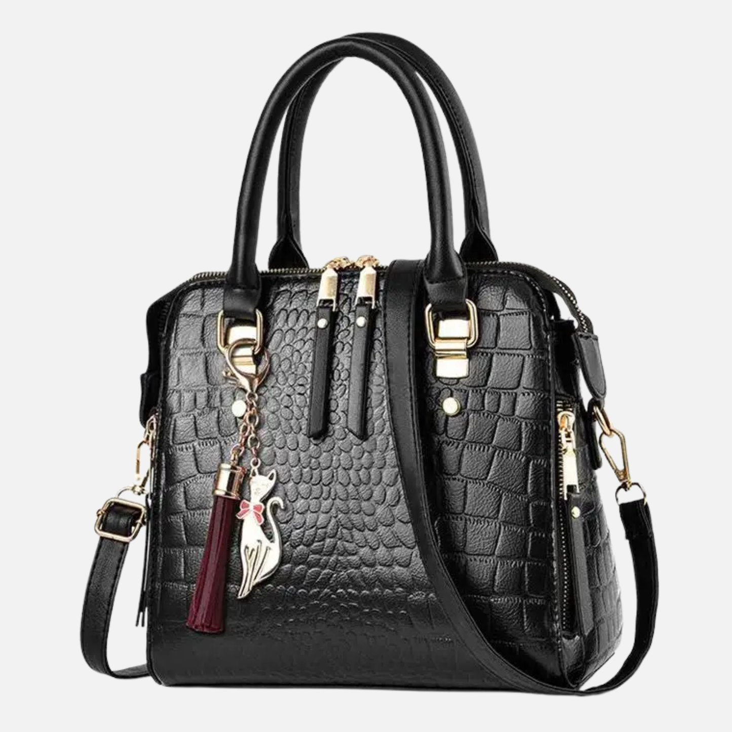 Sac à main bandoulière imitation croco avec son charms chat doré Sidonie