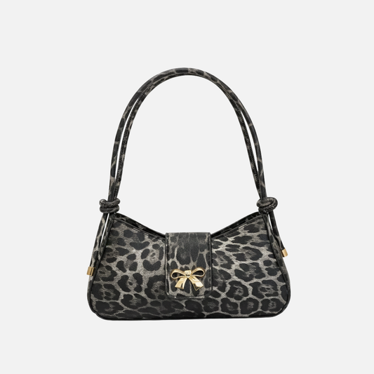 Petit sac à main bandoulière baguette motif léopard avec nœud papillon doré Élise