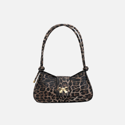 Petit sac à main bandoulière baguette motif léopard avec nœud papillon doré Élise
