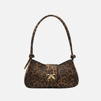 Petit sac à main bandoulière baguette motif léopard avec nœud papillon doré Élise