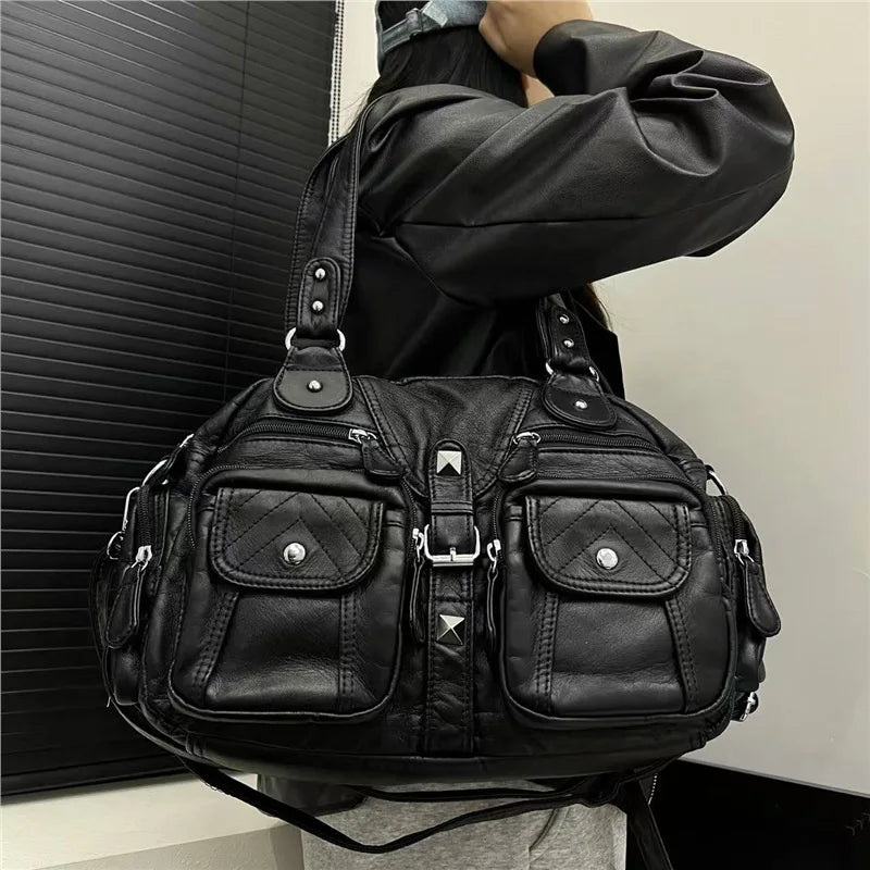 Grand sac à main de cours rétro multipoches à bandoulière Inès